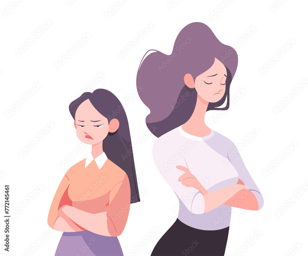 Mom and daughter standing offended at each other. Family troubles, teenage problems, abuse. Flat vector illustration.