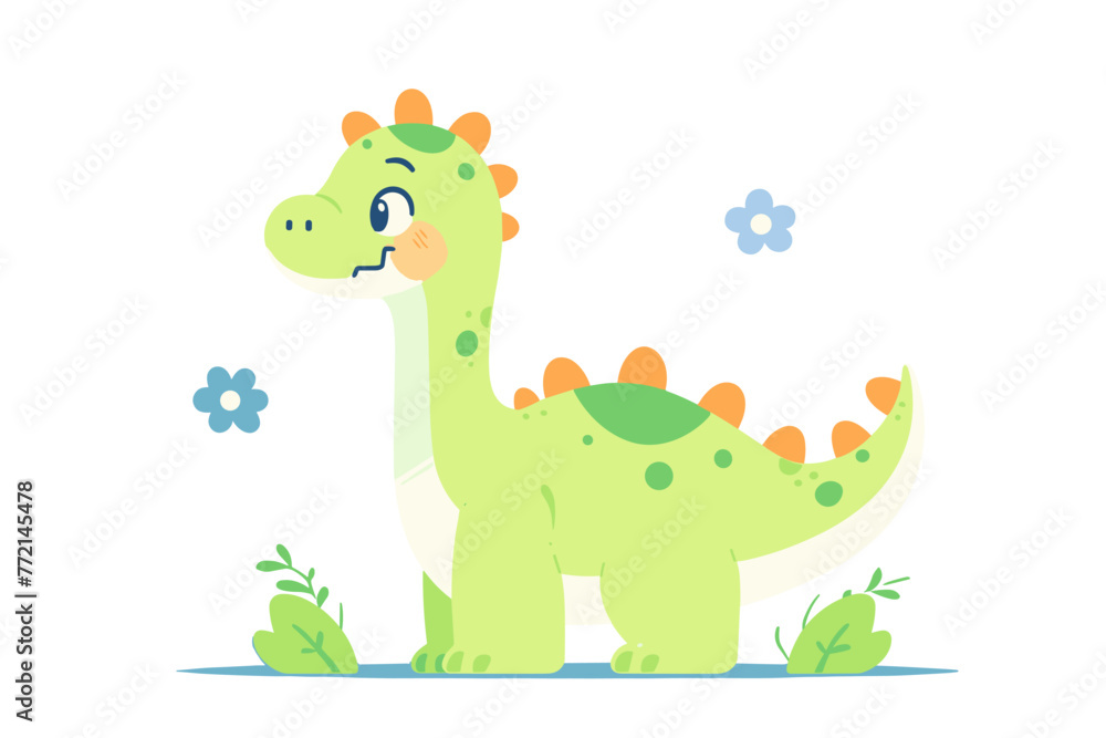 A playful green cartoon dinosaur with flowers around. Prehistoric predator. Flat vector illustration. A playful green cartoon dinosaur with flowers around. Prehistoric predator. Flat vector illustration.