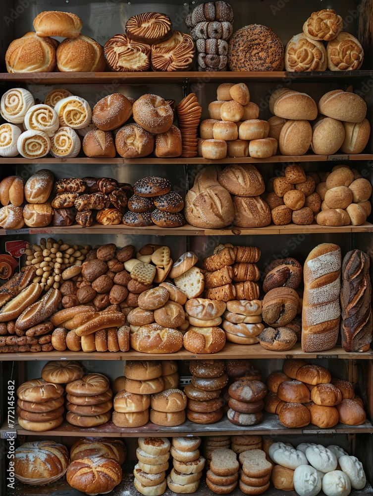 A variety of breads, such as baguettes and bagels, on a bakery shelf in a bakery A variety of breads, such as baguettes and bagels, on a bakery shelf in a bakery