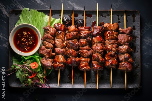 Grilled Meat Skewers with Spicy Dipping Sauce 