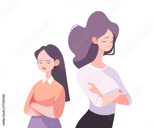 Mom and daughter standing offended at each other. Family troubles, teenage problems, abuse. Flat vector illustration.
