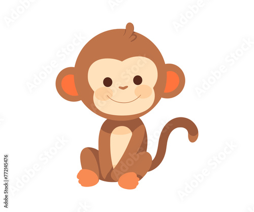 Adorable cartoon monkey sitting and smiling  perfect for children content as coloring pages. Flat vector illustration isolated.