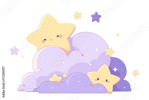 Cute yellow stars characters smiling in clouds. Good night, children, dream, sleep symbols. Flat vector illustration.