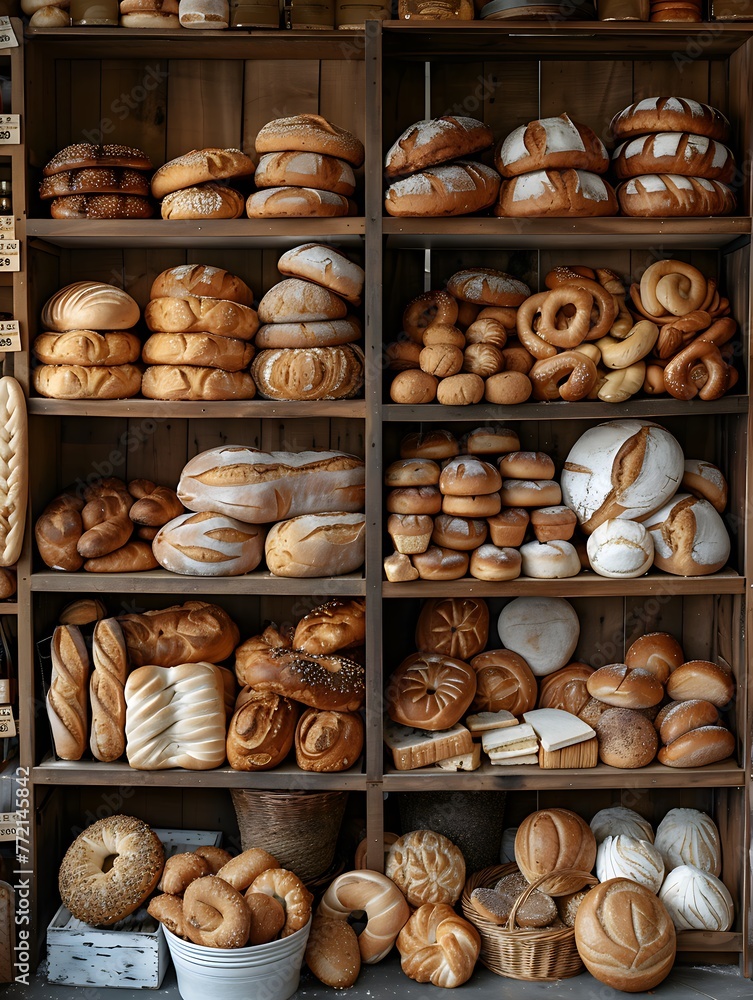 A variety of breads, such as baguettes and bagels, on a bakery shelf in a bakery A variety of breads, such as baguettes and bagels, on a bakery shelf in a bakery