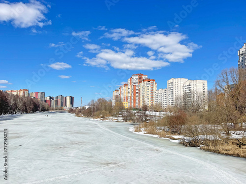 Moscow region, the city of Balashikha. The Pekhorka River in March in clear weather
