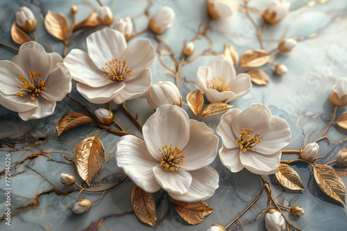 3D floral art, intricate flowers made in the style of motherofpearl and gold leaf, with beautiful golden branches and leaves, with white petals. Created with Ai photo