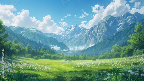 Japanese or fantasy eastern landscape. Spring summer autumn. Beautiful natural mountain place. Panorama background. Digital painting. Poster, invitation, flyer, banner, header. Generative Ai content © Evgeniy