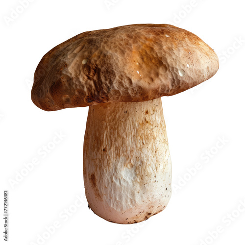 Brown and white mushroom against transparent background in natural landscape