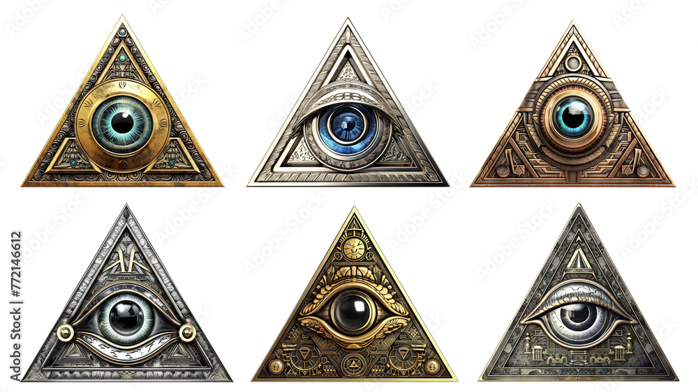 Set of mason pyramids with illuminati eyes, cut out - obrazy, fototapety, plakaty 