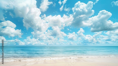 Beach And Sky. Beautiful Caribbean Bay with Blue Sky and White Clouds. Calm and Relaxing Background for Summer Adventure