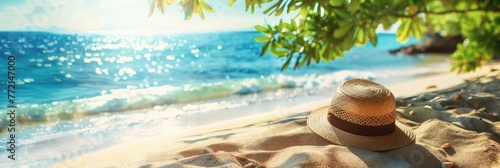 Holiday Summer. Exotic Beach with Sunbathing Accessories for Leisure and Relaxation