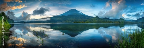 Lake Nature. Panoramic Morning View of Volcanic Mountain Reflected in Calm Waters