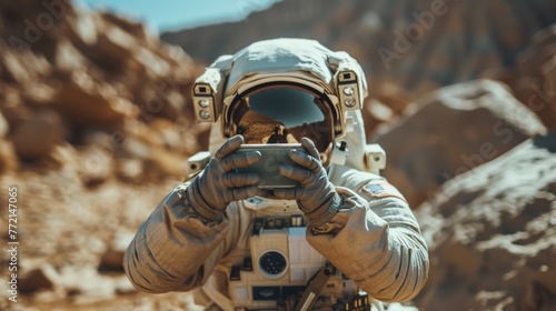 A man in an astronaut suit holding a cell phone, AI