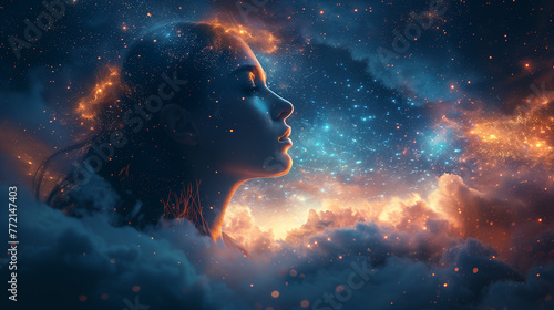Woman in clouds, dark, galaxy, young adult, star