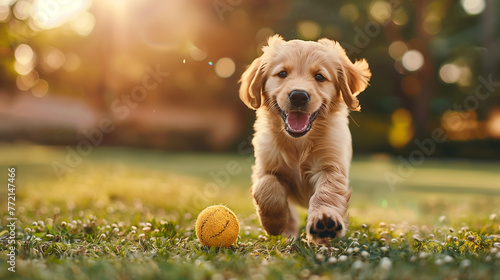 Golden retriever puppy running with ball in park, pet, playing, purebred dog, grass photo