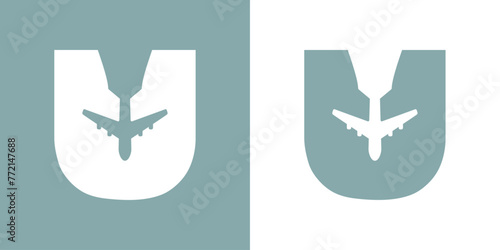 Logo travel. Letra inicial U con silueta de avión en espacio negativo para agencia de viajes