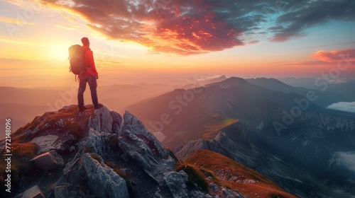 A man standing on top of a mountain with his back to the sun, AI