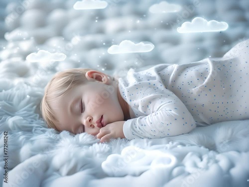 A peaceful baby asleep on a bed of blue digital clouds, illustrating a serene connection with technology photo