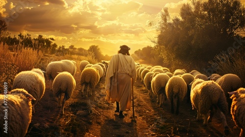 A man walking through a field of sheep with the sun behind him, AI