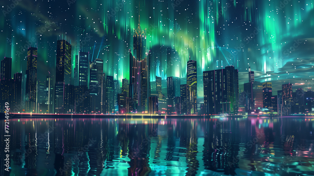 futuristic city with night lights, the northern lights shine above it, the city is reflected in the calm water in front of it