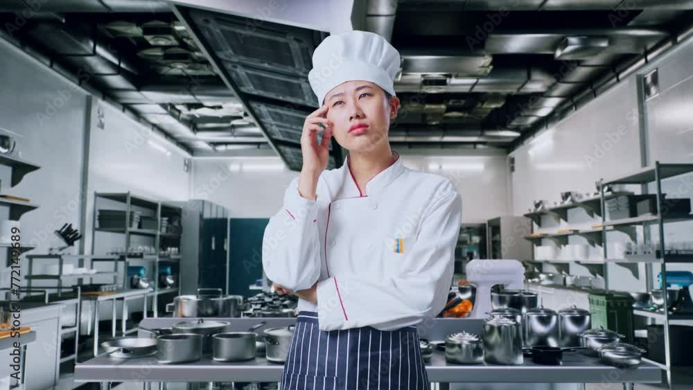 Asian Woman Chef Thinking About Something And Looking Around In Professional Kitchen Asian Woman Chef Thinking About Something And Looking Around In Professional Kitchen
