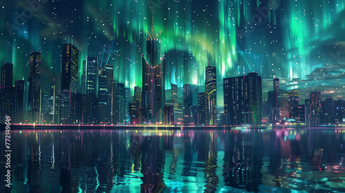 futuristic city with night lights  the northern lights shine above it  the city is reflected in the calm water in front of it