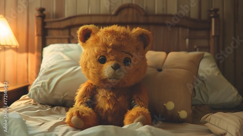 A teddy bear sitting on a bed with pillows and blankets, AI