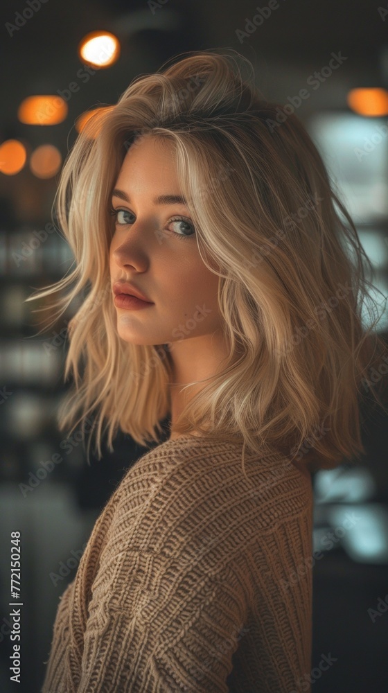 A woman with blonde hair posing in a sweater, AI