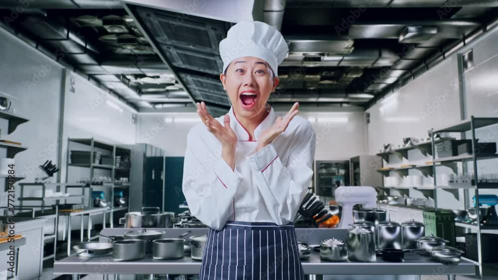 Asian Woman Chef Smiling And Saying Wow In Professional Kitchen Asian Woman Chef Smiling And Saying Wow In Professional Kitchen