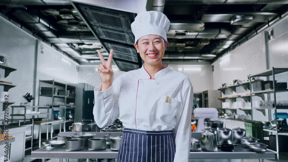 Asian Woman Chef Smiling And Showing Peace Gesture To Camera In Professional Kitchen Asian Woman Chef Smiling And Showing Peace Gesture To Camera In Professional Kitchen