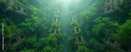 abstract surreal background of ancient ruin in forest covered with green vine and tree  Generative Ai