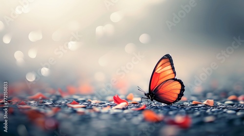 A butterfly with colorful wings perched on the ground, delicately resting