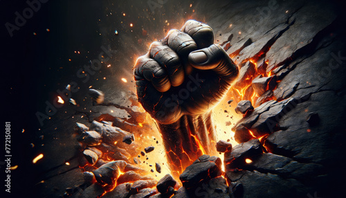 A fist is shown in a black background with a hole in it, surrounded by rocks and fire. Concept of destruction and chaos, as if the fist has been ripped apart by a powerful force photo