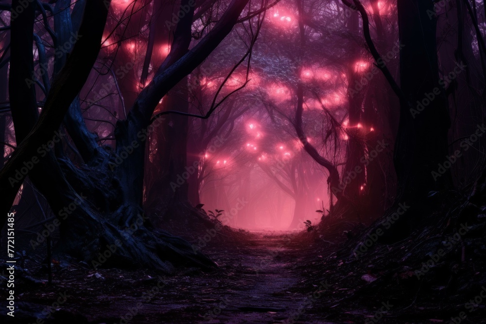 Enchanting Pink night forest. Tree fairy. Generate Ai