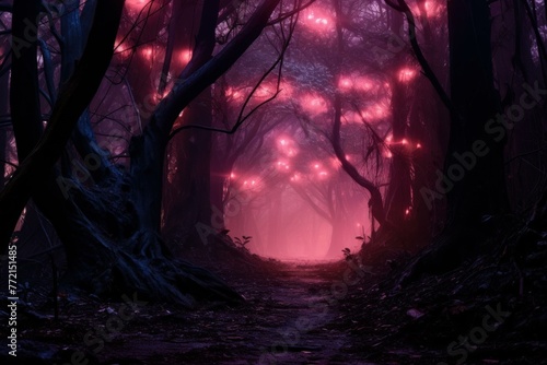 Enchanting Pink night forest. Tree fairy. Generate Ai