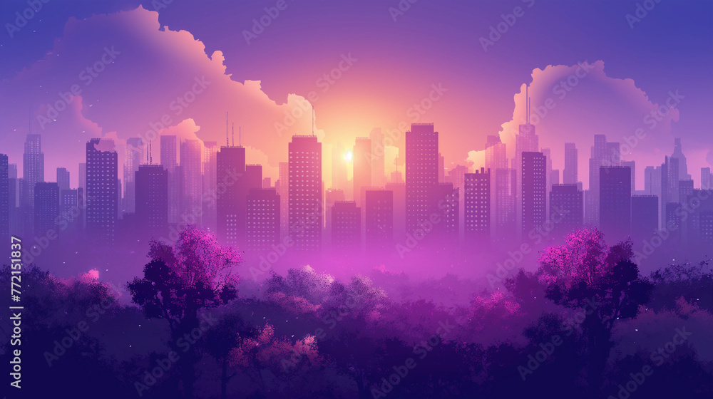 Purple cityscape background, City buildings and trees at city view. Monochrome urban landscape with clouds in the sky. Modern architectural flat style vector illustration.