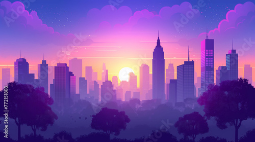 Purple cityscape background, City buildings and trees at city view. Monochrome urban landscape with clouds in the sky. Modern architectural flat style vector illustration.