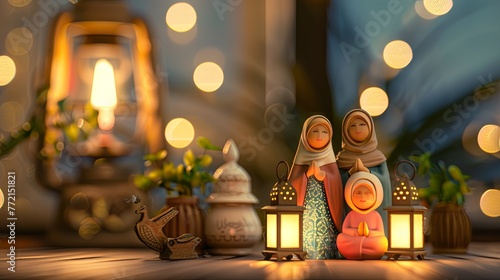 3D Muslim family decor with Ramadan decor with a simple background