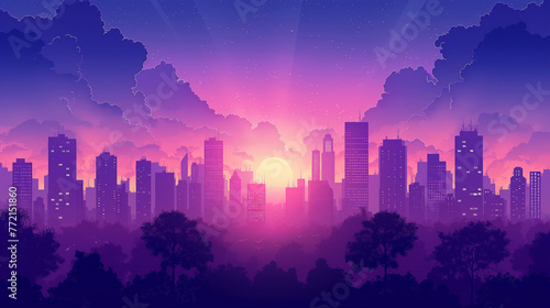 Purple cityscape background  City buildings and trees at city view. Monochrome urban landscape with clouds in the sky. Modern architectural flat style vector illustration.