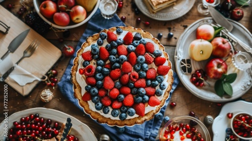 A table topped with a fruit pie and other food items, AI