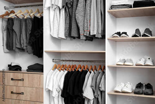 Rack with stylish male clothes and accessories in modern wardrobe