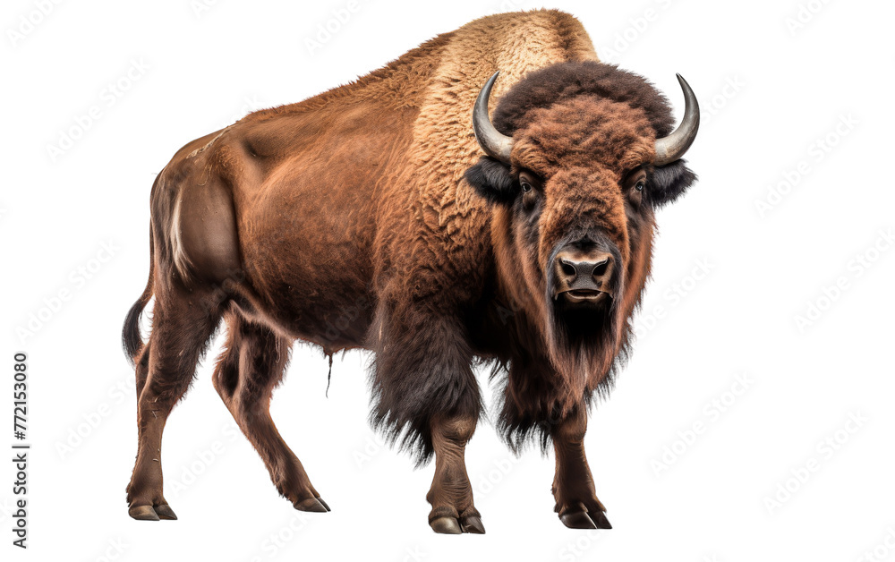 A powerful bison stands confidently in front of a stark white backdrop A powerful bison stands confidently in front of a stark white backdrop