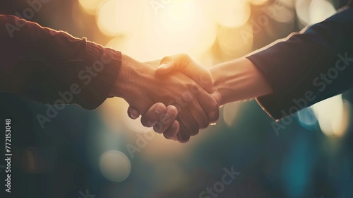 Two Businessmen Celebrate Successful Merger: Handshake Symbolizing Partnership and Deal Achievement in Business Negotiation"