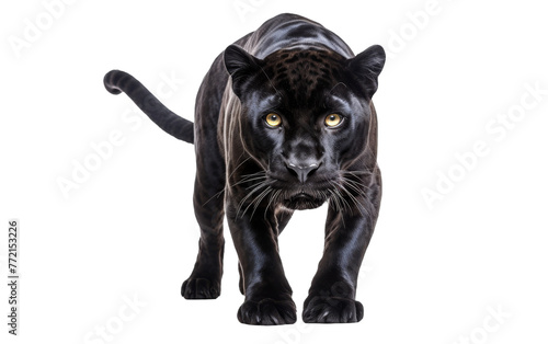 A sleek black panther gracefully strides across a pristine white background