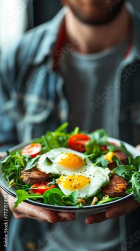 A man holding a plate of food with eggs and vegetables, AI