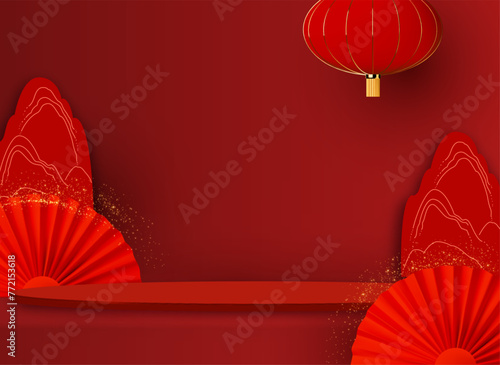 3D round podium in showcase with red and gold Chinese mountains  lantern  traditional paper fan elements. Circle podium with Asian design elements. Lunar new year offer.