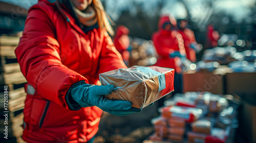 Close up of a female emergency relief volunteer in a red jacket and blue gloves handing out boxes with food to people during an emergency