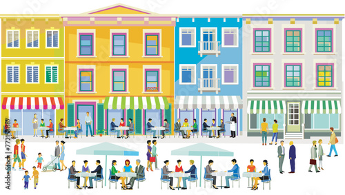 Stadtsilhouette mit Menschengruppen in der Freizeit im Wohnviertel mit Gastronomie  Illustration