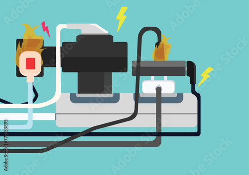 Dangerous! Overload electricity on steckers, may short circuit and fire. Cause Vector illustration. Safety poster.