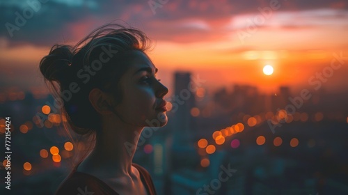A woman looking up at the sun with city lights in background, AI